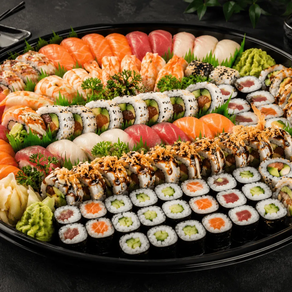 Sushifat med nigiri och makirullar